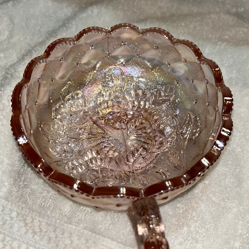 Vintage Contemporary Imperial Pink Carnival Glass Nappy Pansies/Diamond Quilt